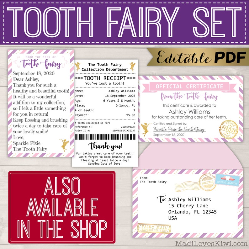 Mini Tooth Fairy Letter Printable, Editable Lost Tooth Certificate PDF Template, DIY Girl Mail Receipt Digital First Report Instant Download image 5