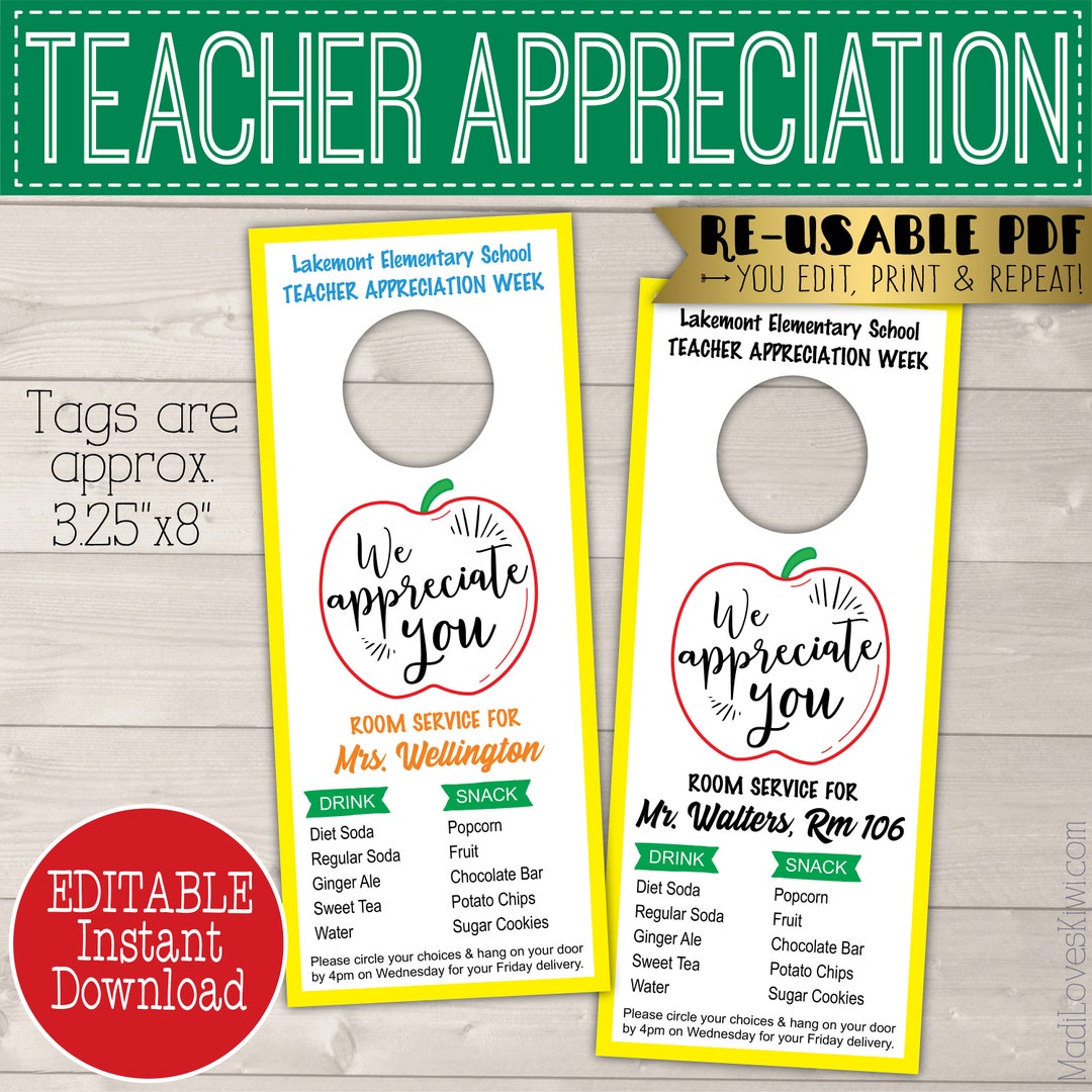 Teacher Appreciation Gift Printable, Room Service Door Hanger Editable