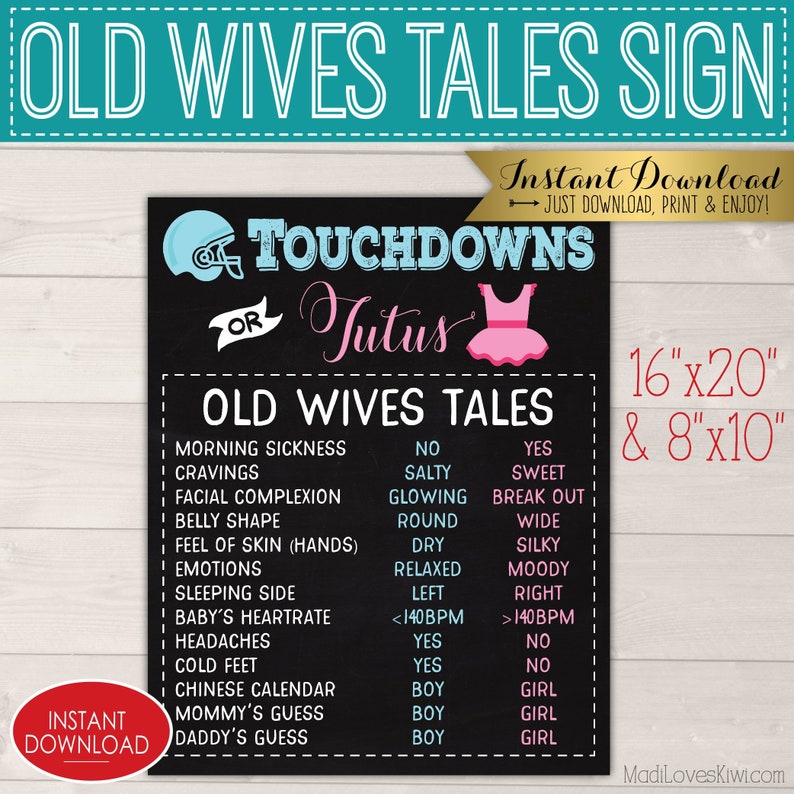 Touchdowns or Tutus Gender Reveal Party Decor Ideas, Old Wives Tales Sign Chalkboard Printable, Football Poster Decoration Digital Download image 1