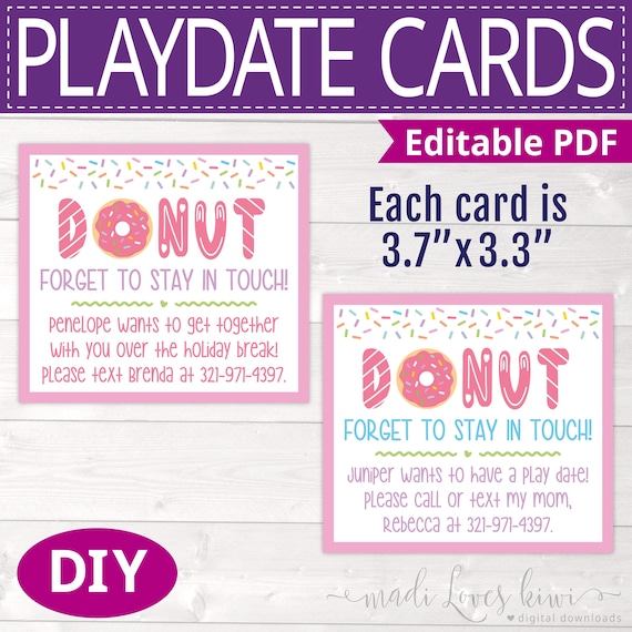 Editable Playdate Calling Card for Kid, Printable Donut Play Date Invite Instant Download, End of Year, Keep in Touch, Last Day of School Il_570xn