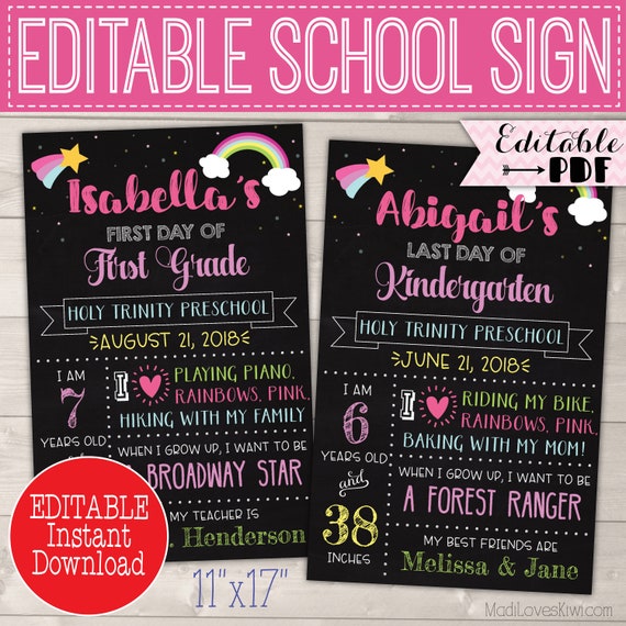 Rainbow First Day of School Sign Reusable, Last Day Chalkboard Photo Prop Instant Download, Printable Girl Poster PDF Template, Back 1st End Il_570xn
