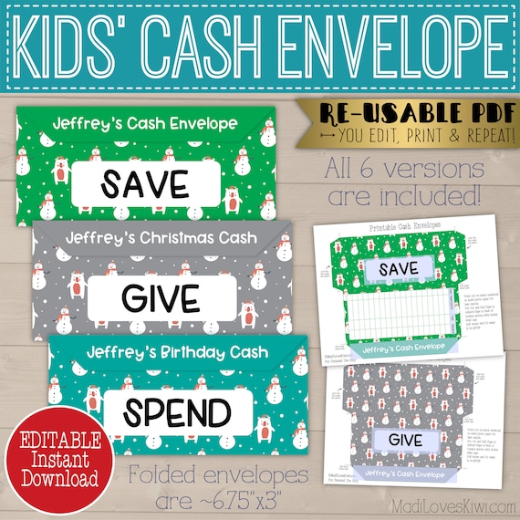 Printable Cash Envelope Editable, Personalized Budget Log for Kid, Save Christmas Money Digital Holiday Instant Download, Birthday Gift Idea Il_570xn