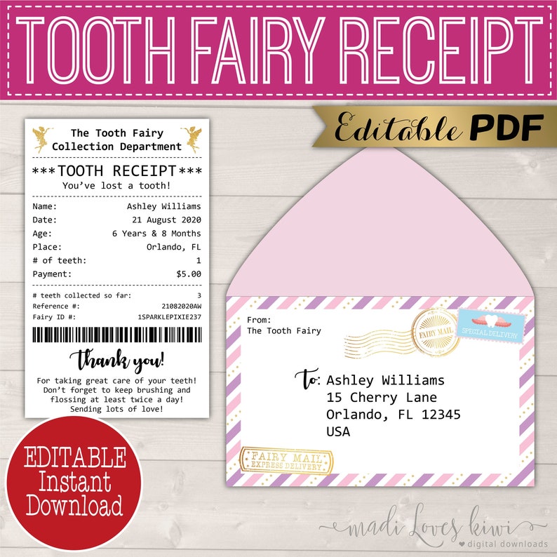 editable girl tooth fairy receipt printable lost letter pdf etsy