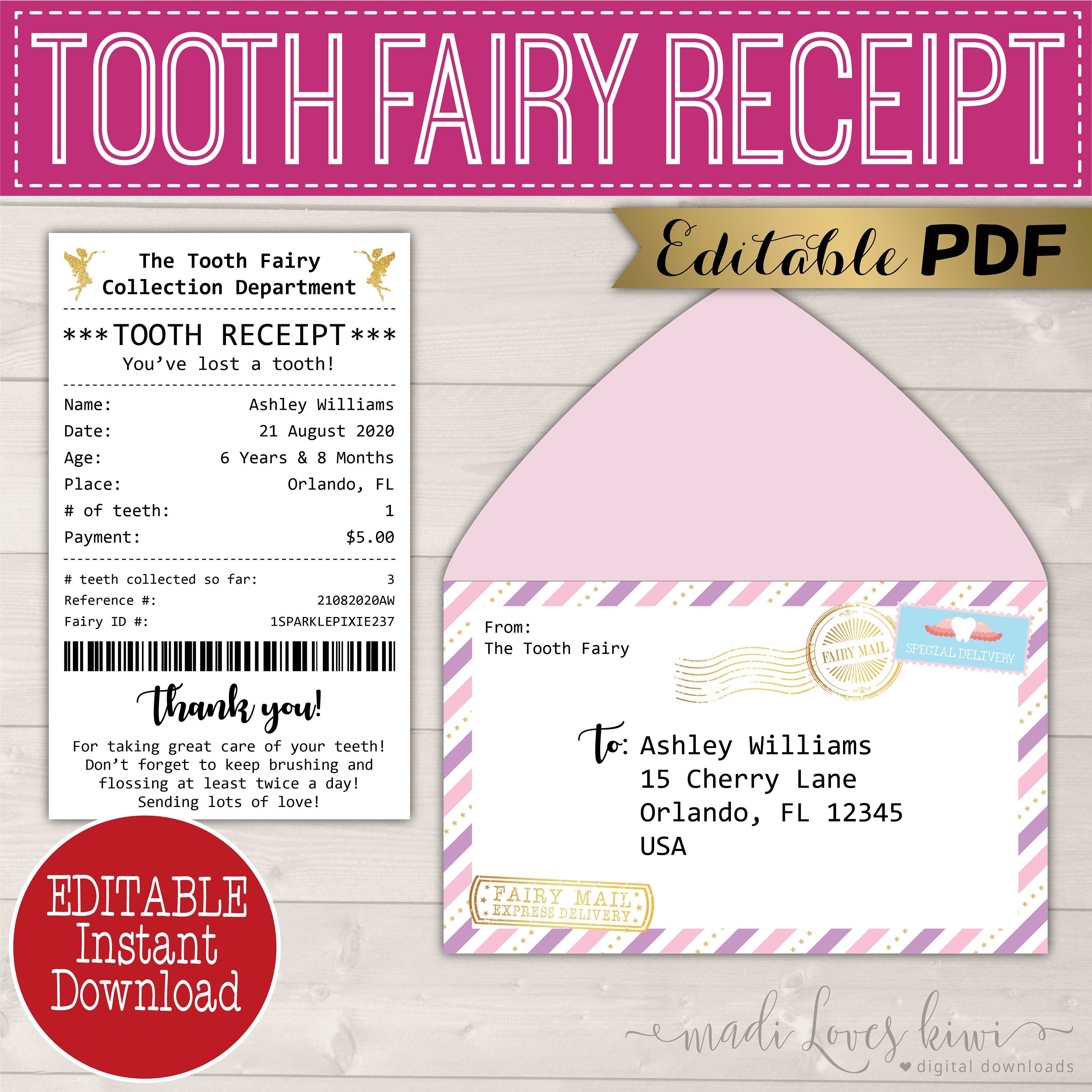 TRADITIONAL TOOTH FAIRY WAND IN ROSE GOLD WITH THANK YOU LETTER AND ENVELOPE