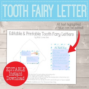 Personalized Tooth Fairy Letter Kit Boy, Printable Download First Lost Tooth Note Set Envelope Template PDF Digital Gift Idea No Teeth Cards image 3