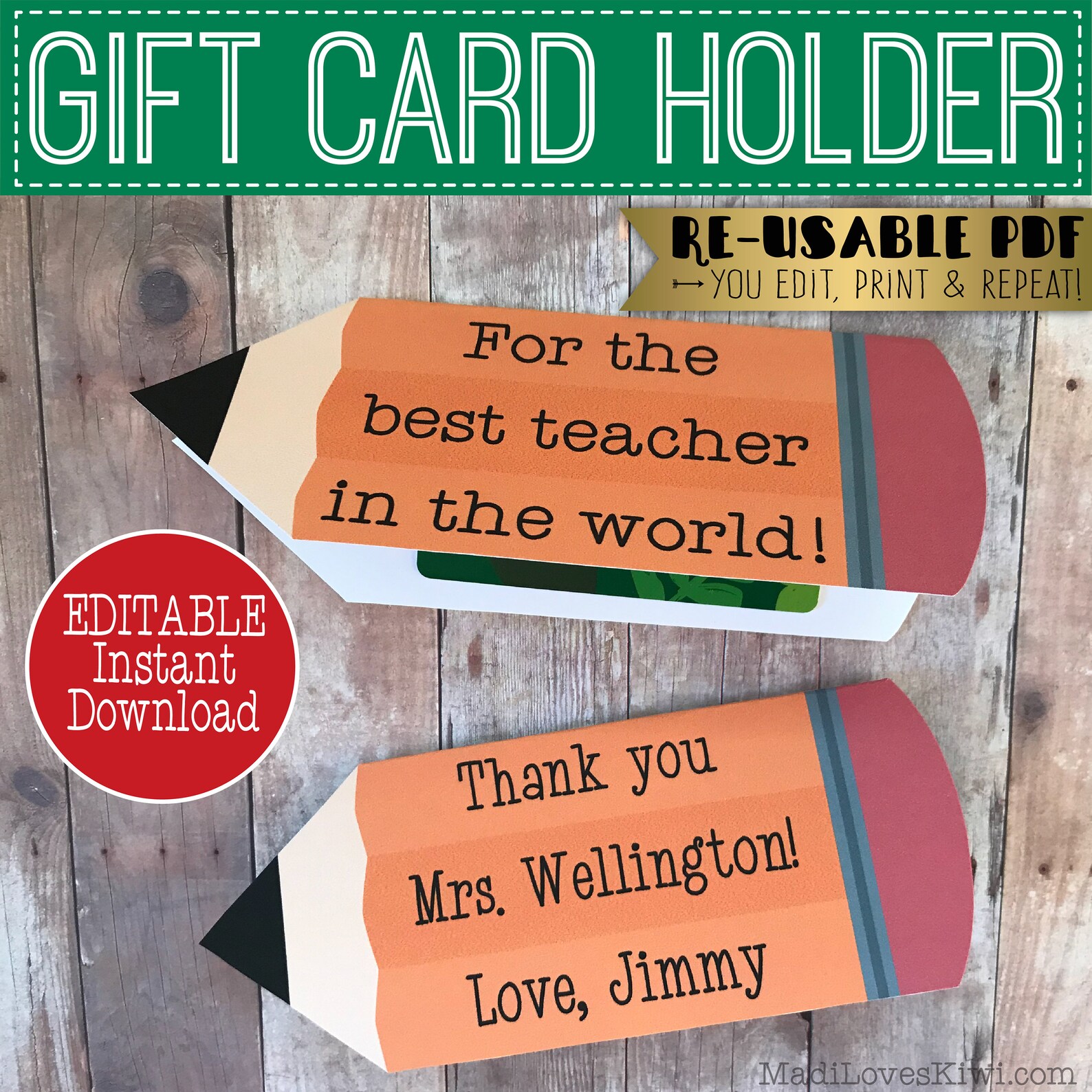 Editable Pencil Gift Card Holder for Teacher Appreciation Etsy