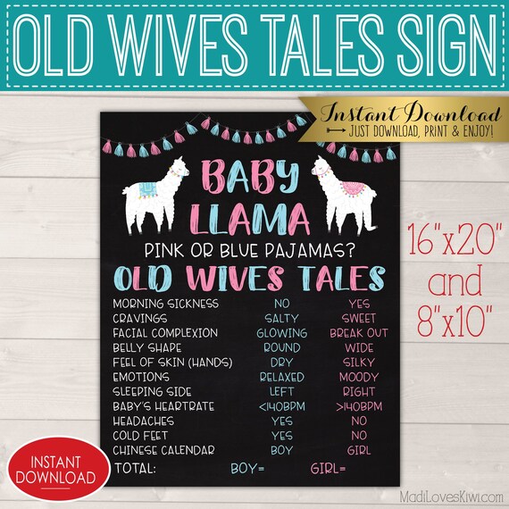 Baby Llama Gender Reveal Poster Old Wives Tales Sign Pink Or