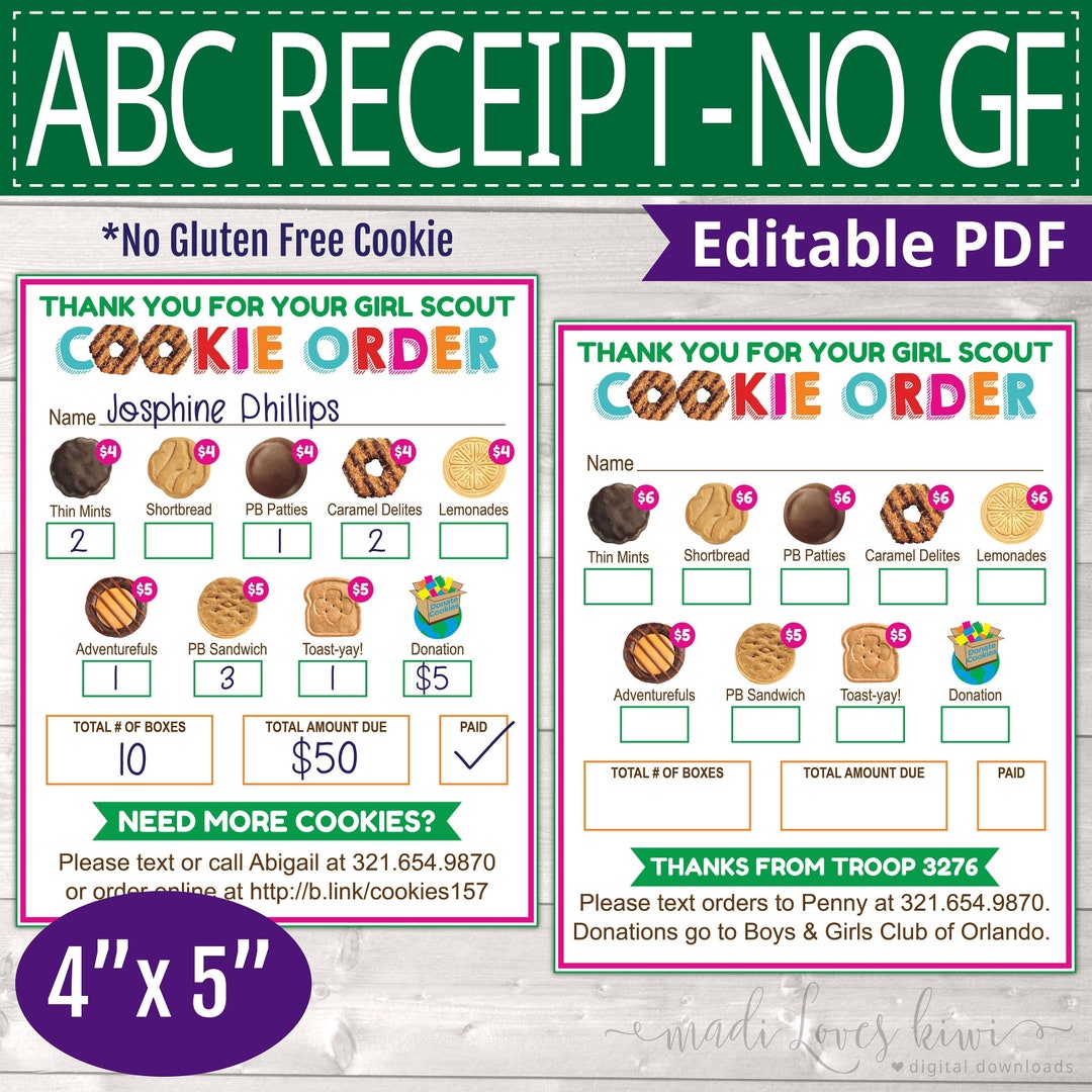 2024 ABC Girl Scout Cookie Receipt Printable No GF, Editable Thank You ...