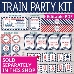 Editable Train Party Banner, Printable Happy Birthday Pennant, Customized Blue Decoration for Boy Digital DIY Bunting Decor Instant Download image 5