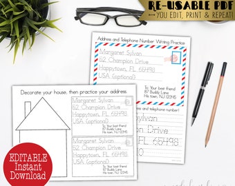 Editable Learn My Address Worksheet, Addressing Envelope Activity for Kindergarten Kids, Homeschool Copywork, Handwriting Practice Printable