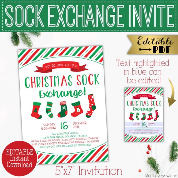 5x7 Editable Christmas Sock Exchange Party Invitation, Printable Xmas