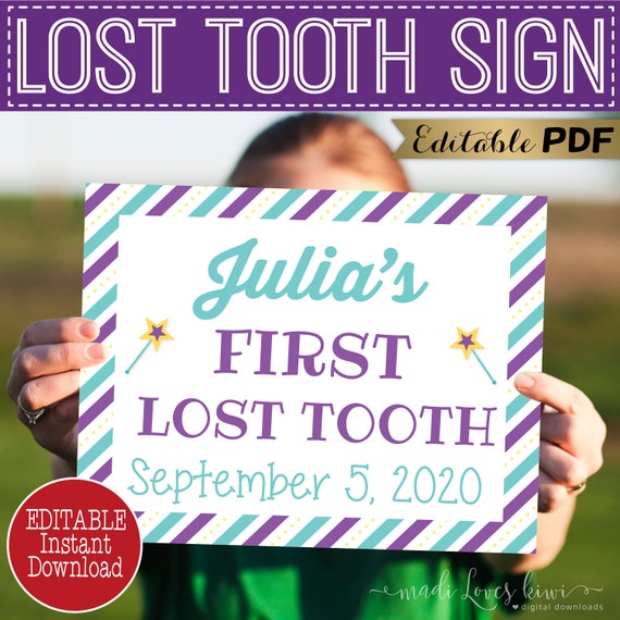 Teal Purple First Lost Tooth Photo Prop Printable, Personalized Gift Idea from Teeth Fairy, 1st Sign Digital Download, Reusable PDF Template Il_570xn