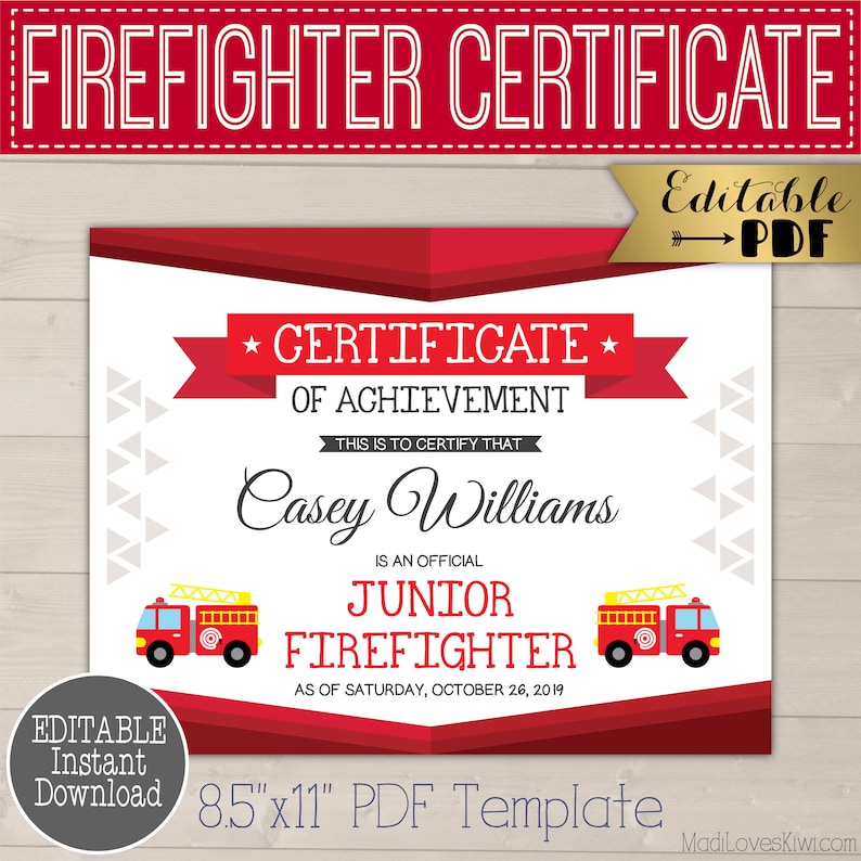 Printable Junior Firefighter Certificate, Firetruck Birthday Party Favor Idea Instant Download, Fireman Award Editable, Digital Fire Truck image 1