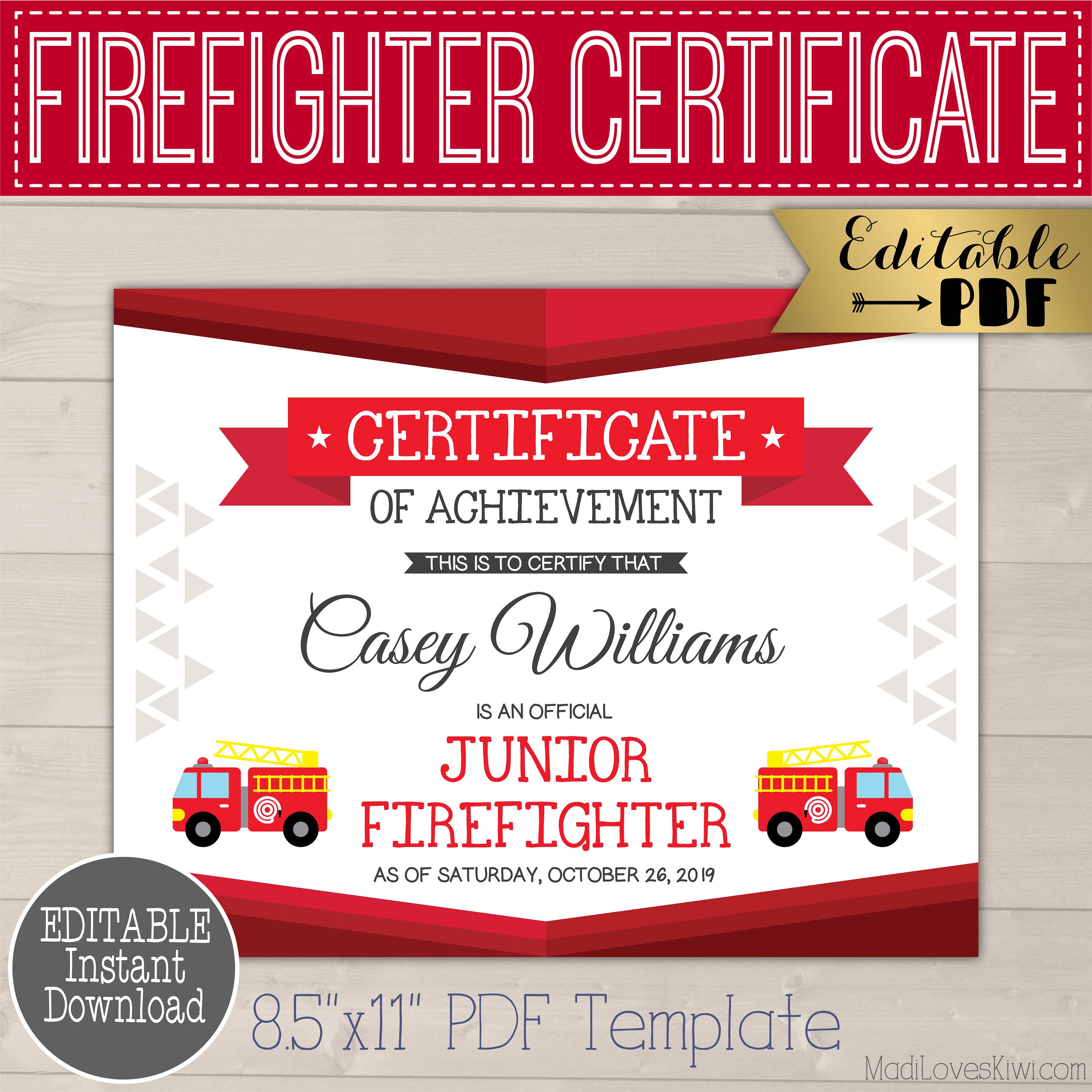 Printable Junior Firefighter Certificate Firetruck Birthday Etsy Canada