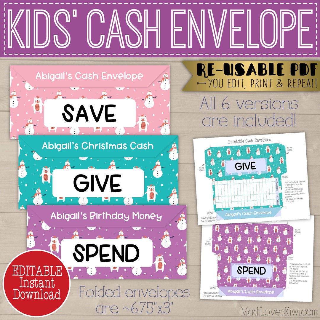Printable Cash Envelopes for Kid, Save Give Spend, Editable Christmas ...