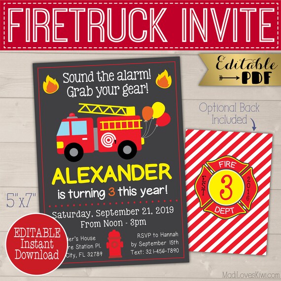 Firetruck Birthday Invitation Printable, Fire Truck Party Invite, Editable PDF Template for Boy Digital, Hydrant Engine 1st Instant Download Il_570xn