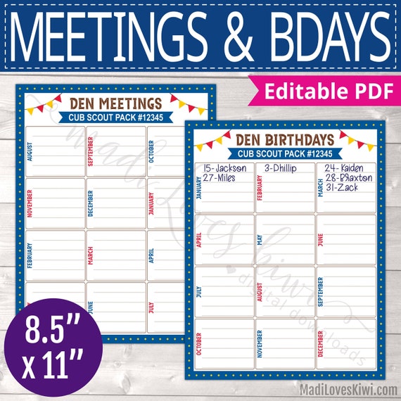 Printable Cub Scout Den Birthday Tracker, Editable Pack Leader Meeting