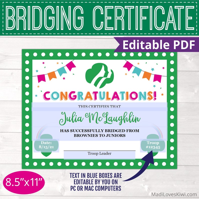 Editable Scout Bridging Certificate for All Levels Daisy Brownie Junior Cadet, Printable Ceremony Girl Troop Leader Instant Download DIY image 2