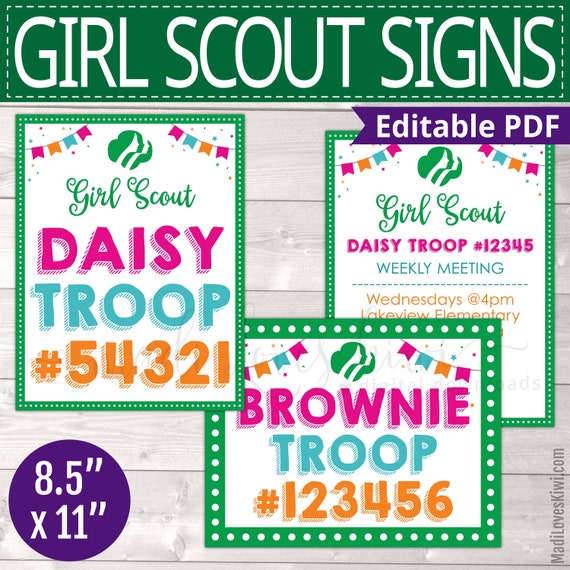 Editable Girl Scout Meeting Sign, Printable Troop Leader Poster Instant Download, Name Card PDF Template for All Level Daisy Brownie Note Il_570xn
