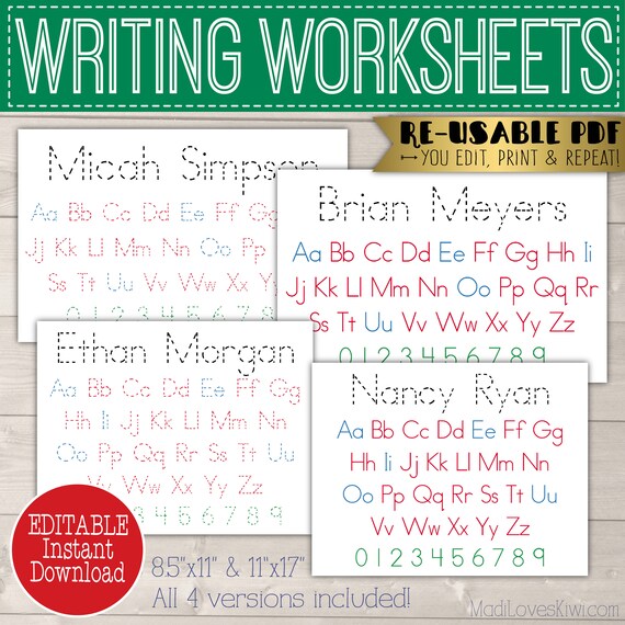 editable name writing worksheet printable abc learning etsy new zealand