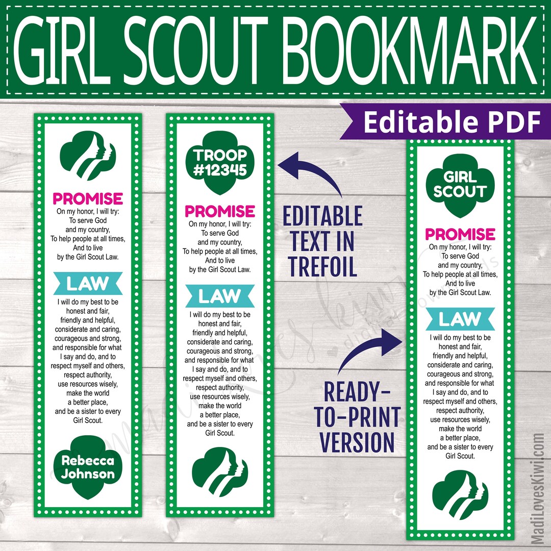 Printable Girl Scout Bookmark, Editable Trefoil Book Mark Troop Leader ...
