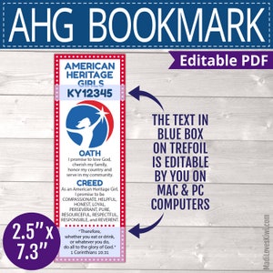 Editable American Heritage Girl Bookmark, Printable AHG Troop Leader ...