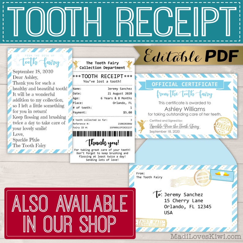 Personalized Tooth Fairy Letter Kit Boy, Printable Download First Lost Tooth Note Set Envelope Template PDF Digital Gift Idea No Teeth Cards image 6