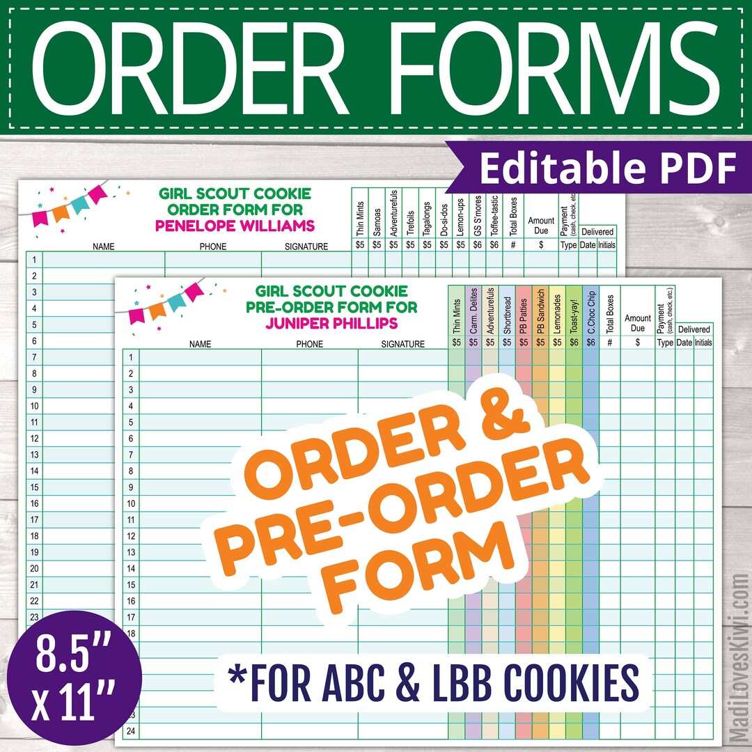 Printable Girl Scout Order Form, Editable Cookie Preorder Instant