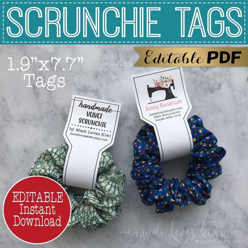 EDITABLE Hair Scrunchie Tag, Printable Handmade Product Label Logo, Digital PDF Template, Care Instruction Sewing Packaging Instant Download image 1