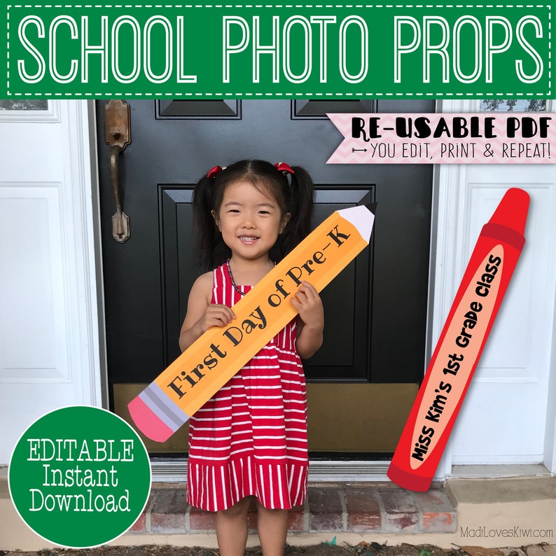 Pencil First Day of School Photo Prop Printable, Crayon 1st Day Sign Reusable, Last Day Editable Booth Digital For Teacher End Year Back to image 1