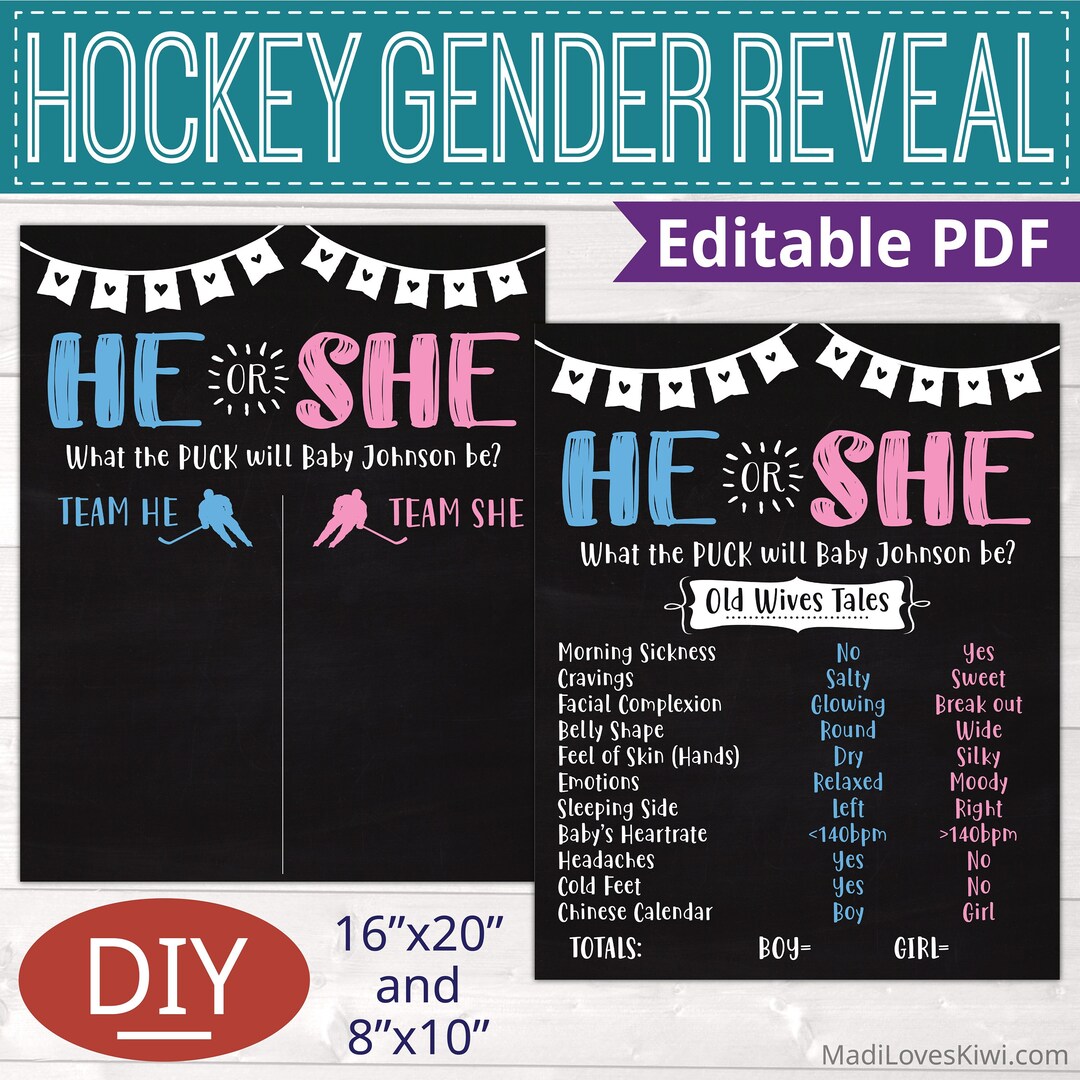 Hockey Puck Gender Reveal Decorations, Printable Old Wives Tales Sign, Editable Voting Board, He