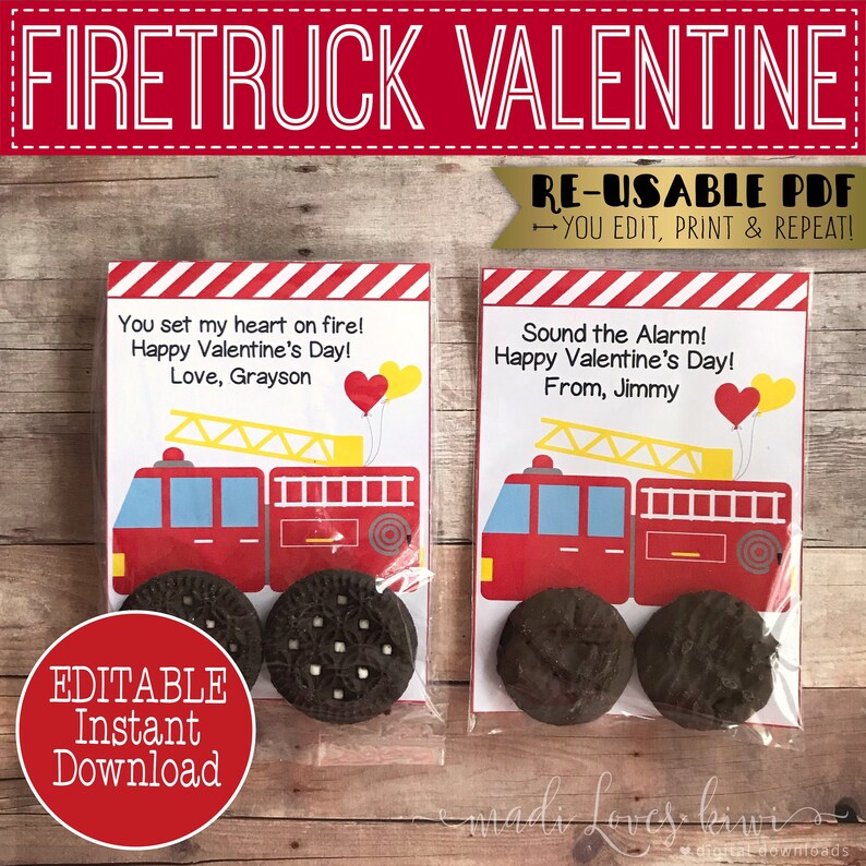 Imprimable Firetruck Valentines Day Card, Editable Fire Truck Oreo Valentine's Note for Kid Instant Download, Non Candy Gift Favor Treat Idea image 1