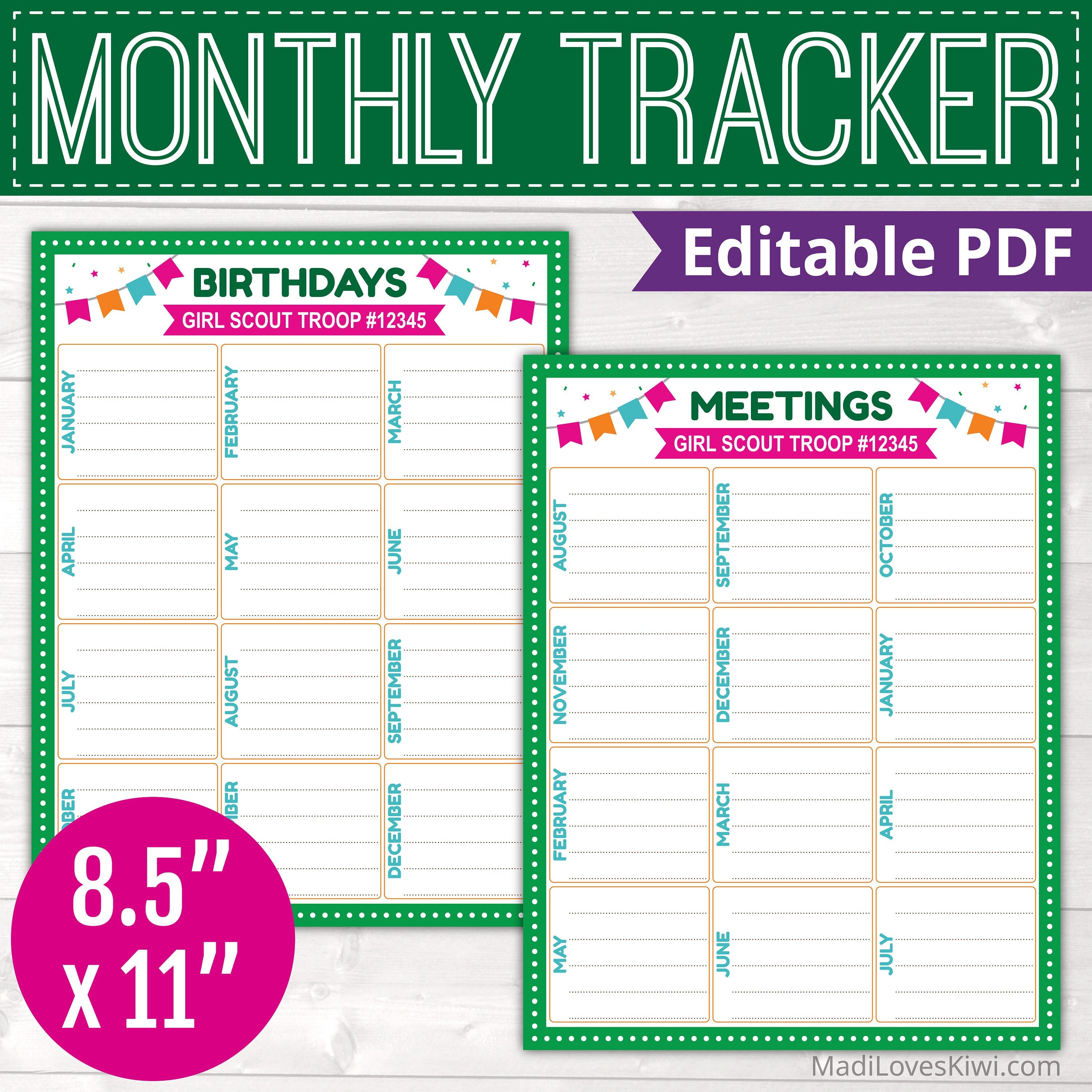Editable Girl Scout Troop Birthday Tracker, Printable Leader Activity Log Instant Download Member Meeting Calendar Sign in Chart Event Sheet - Etsy