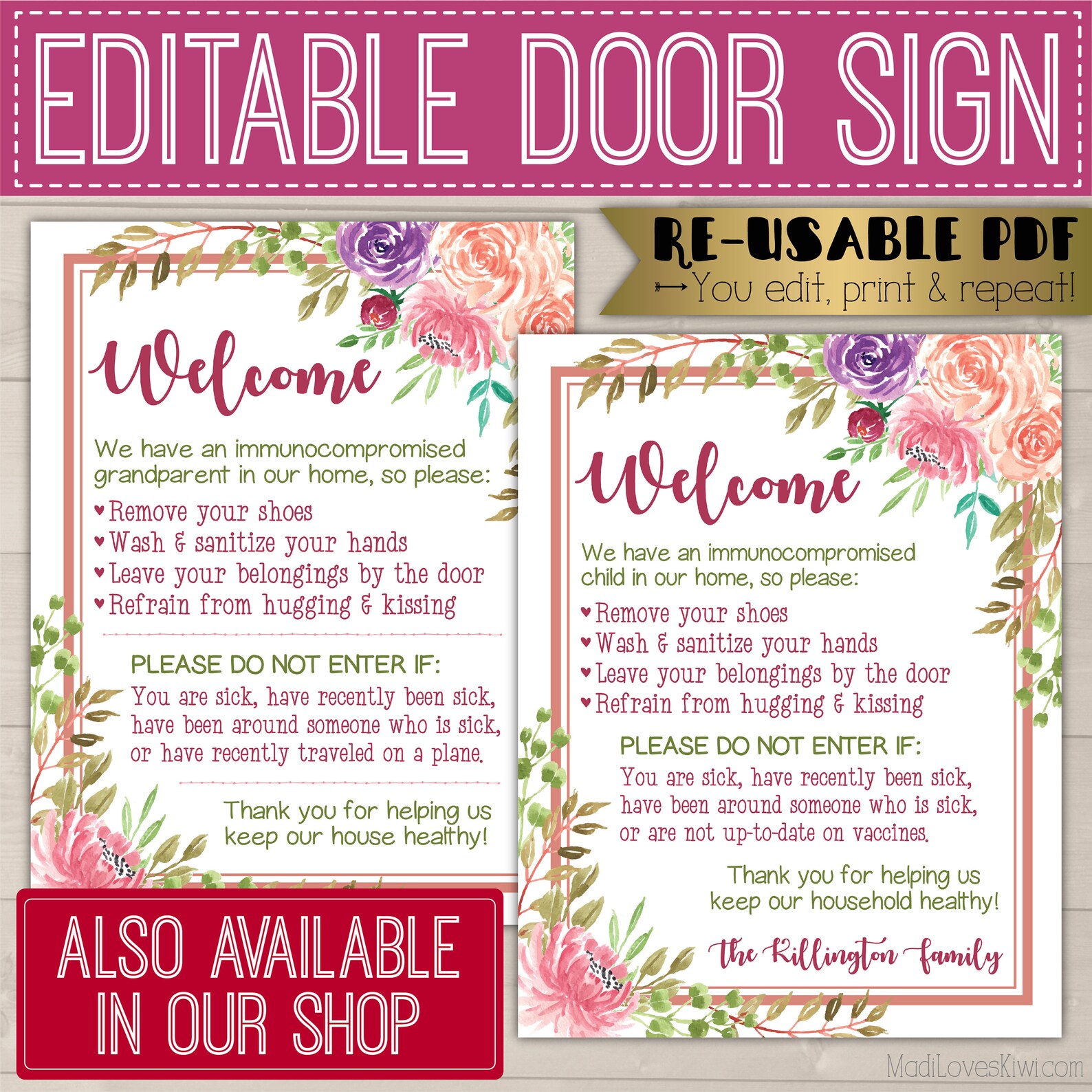 Editable Weak Immune System Door Sign, Immunocompromised Stop Sign for ...