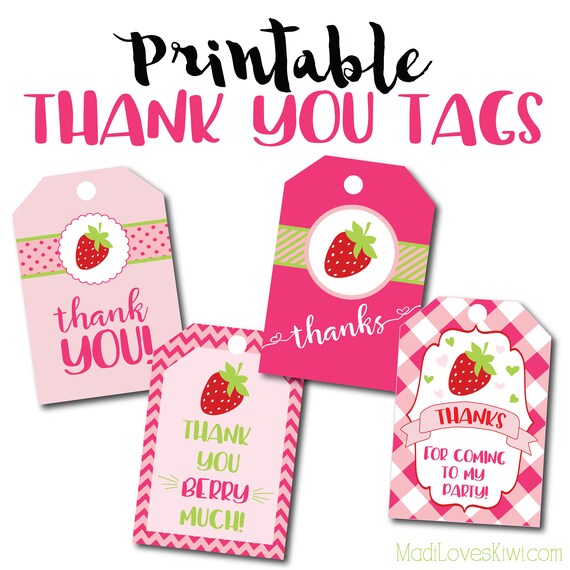 Printable Strawberry Party Thank You Tags, Birthday Favor Tag Instant Download, Digital Pink Gift Card Template for Girl Bday DIY Guest Idea Il_570xn