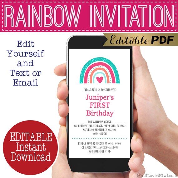 Digital Rainbow Birthday Invitation, Textable Baby Shower Invite, Editable Party Thank You Instant Download, Modern Car Parade Boho Drive By Il_570xn