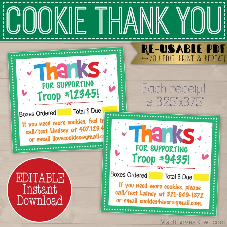 EDITABLE Girl Scout Cookie Thank You Note, Printable Order Sales Receipt, Troop Leader Instant Download, Booth Seller Card with Contact Info image 1