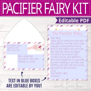 Printable Pacifier Fairy Letter Kit, Personalized Binky Note For Girl, Editable Paci Instant Download, Pink Purple Toddler Kid Template Idea image 2