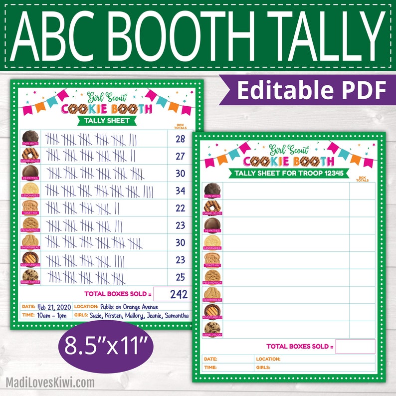 2023 ABC Bakers Girl Scout Cookie Booth Tally Sheet Printable Etsy