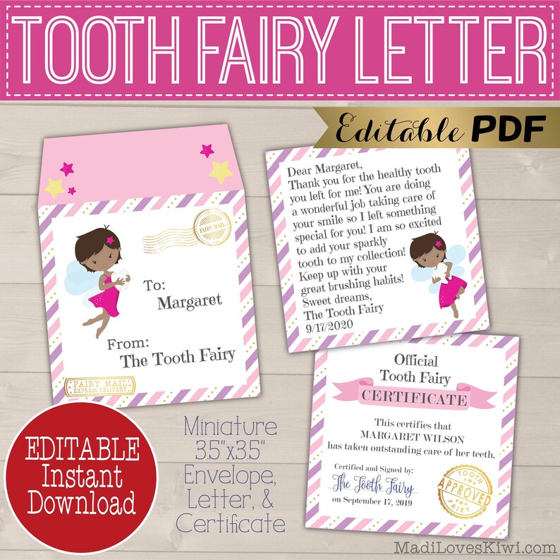 Mini Tooth Fairy Letter Printable, Editable Lost Tooth Certificate PDF Template, DIY Girl Mail Receipt Digital First Report Instant Download image 1