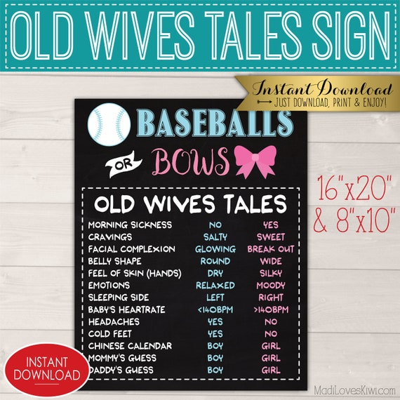 Baseballs or Bows Old Wives Tales Sign for Gender Reveal Party, Printable Chalkboard Decor Idea Baby Board Digital Download Pink Blue Poster Il_570xn