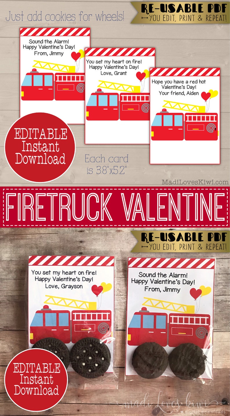 Imprimable Firetruck Valentines Day Card, Editable Fire Truck Oreo Valentine's Note for Kid Instant Download, Non Candy Gift Favor Treat Idea image 10