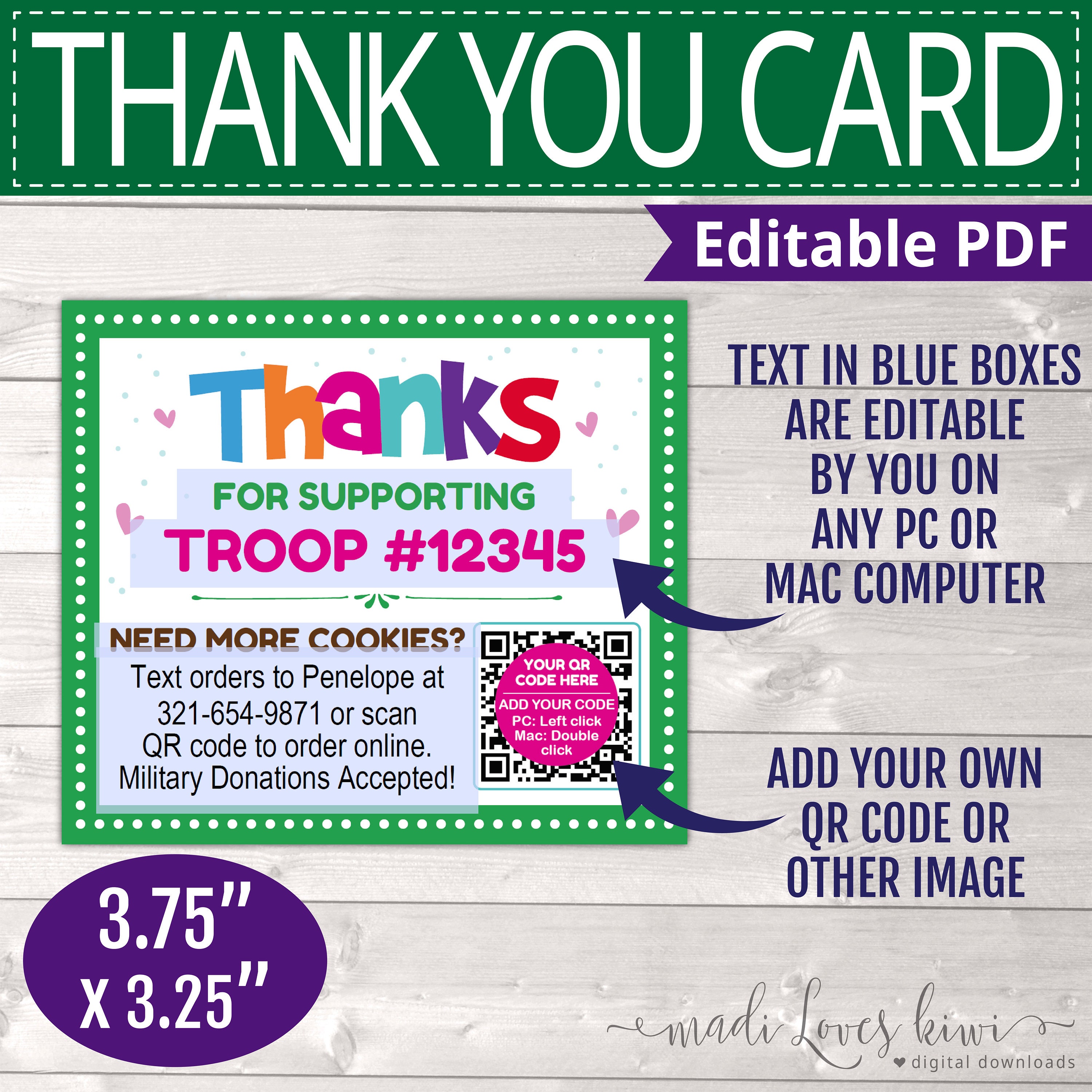 EDITABLE Girl Scout Cookie Thank You Card With QR Code Etsy