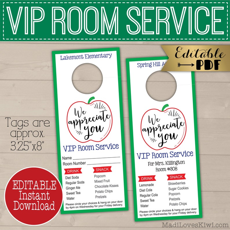 VIP Room Service Door Hanger for Teacher Appreciation Week, Printable End of Year Gift Tag, Editable Classroom Mom Idea Digital Download PTA image 1