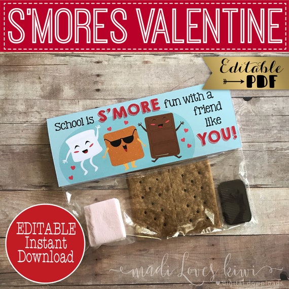 Printable S'Mores Valentines Day Treat Bag Topper, Editable School Teacher Gift Idea, Digital Smores Card for Kid Instant Download Student Il_570xn