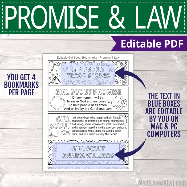 Printable Girl Scout Promise &amp; Law Bookmark Editable Coloring - Etsy