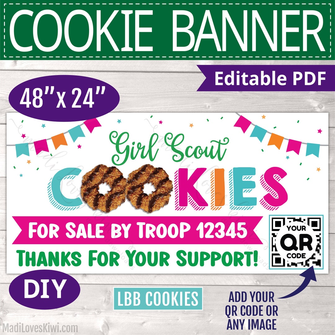 48x24 Editable Girl Scout Cookie Banner With QR Code, Printable LBB