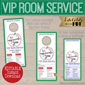 VIP Room Service Door Hanger for Teacher Appreciation Week, Printable End of Year Gift Tag, Editable Classroom Mom Idea Digital Download PTA image 2