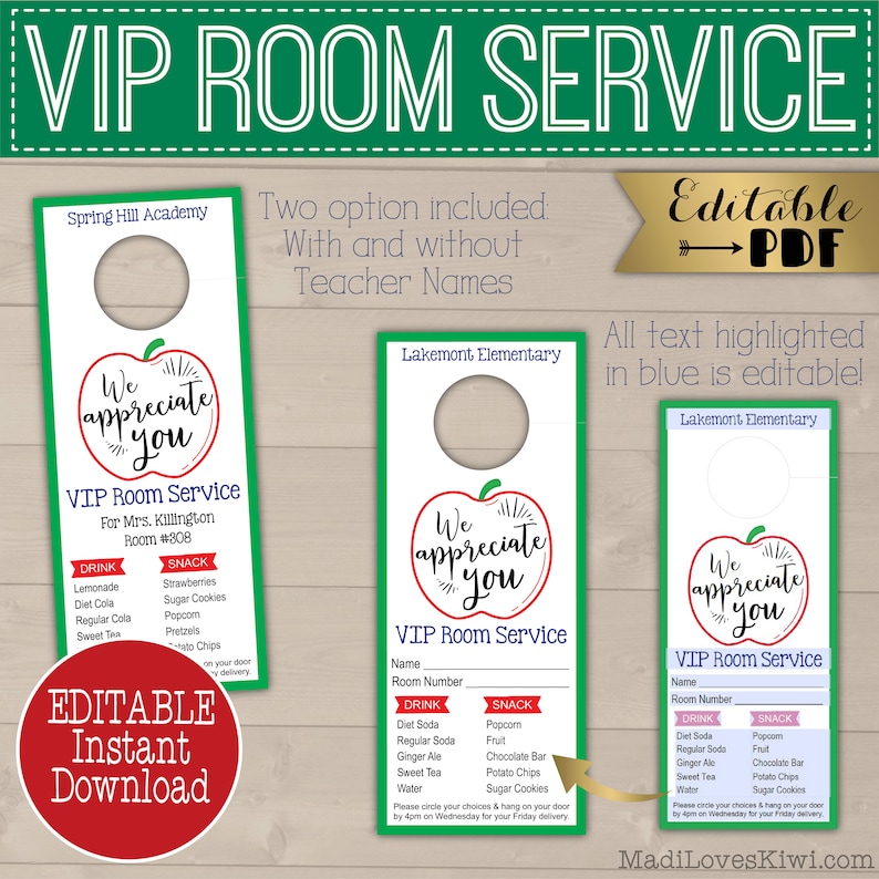 VIP Room Service Door Hanger for Teacher Appreciation Week, Printable End of Year Gift Tag, Editable Classroom Mom Idea Digital Download PTA image 2