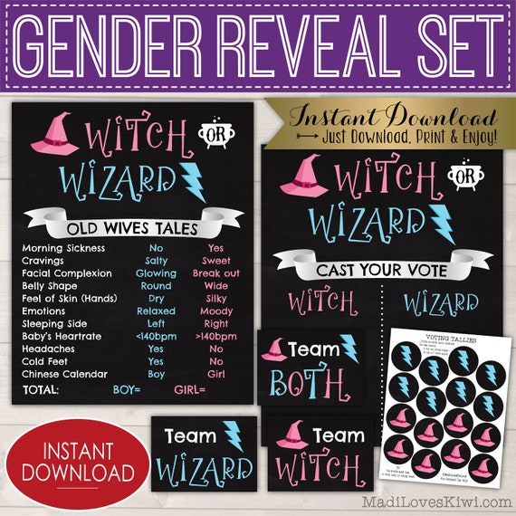 Wizard or Witch Gender Reveal Decoration Kit, Printable Boy Girl Party